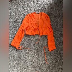 Zara Orange 3/4 Sleeve Tie-Front Crop Blouse